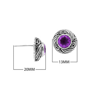Wholesale Sterling Silver Bali Swirl Amethyst Quartz Stud Earrings With Oxidized Detailing Handcrafted In Bali