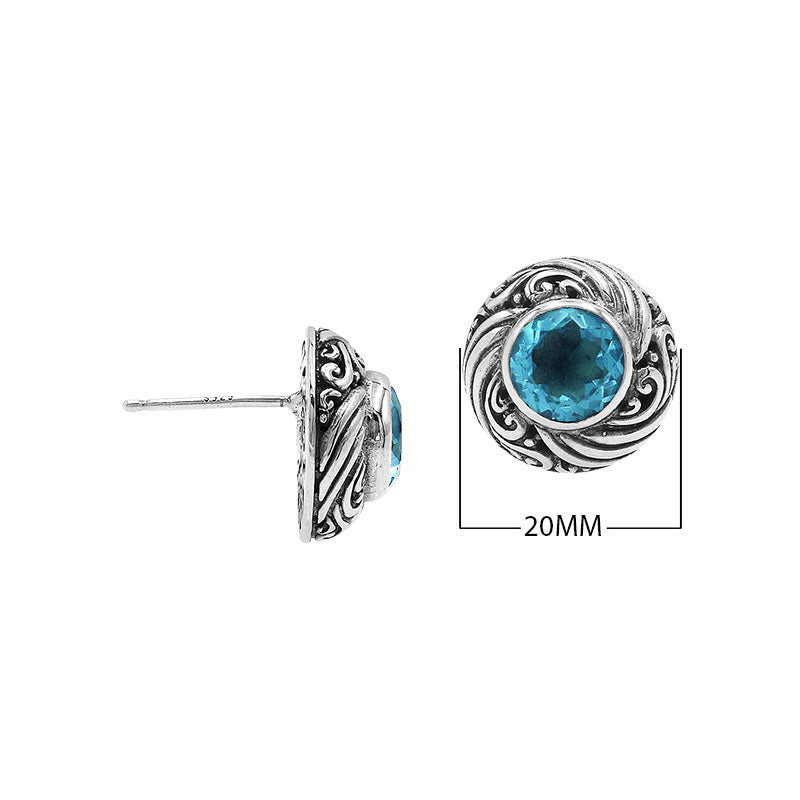 Wholesale Sterling Silver Bali Swirl Blue Topaz Quartz Stud Earrings With Oxidized Detailing Handcrafted In Bali