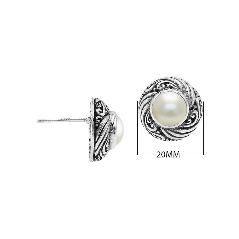 Wholesale Sterling Silver Bali Swirl Pearl Stud Earrings With Oxidized Detailing Handcrafted In Bali