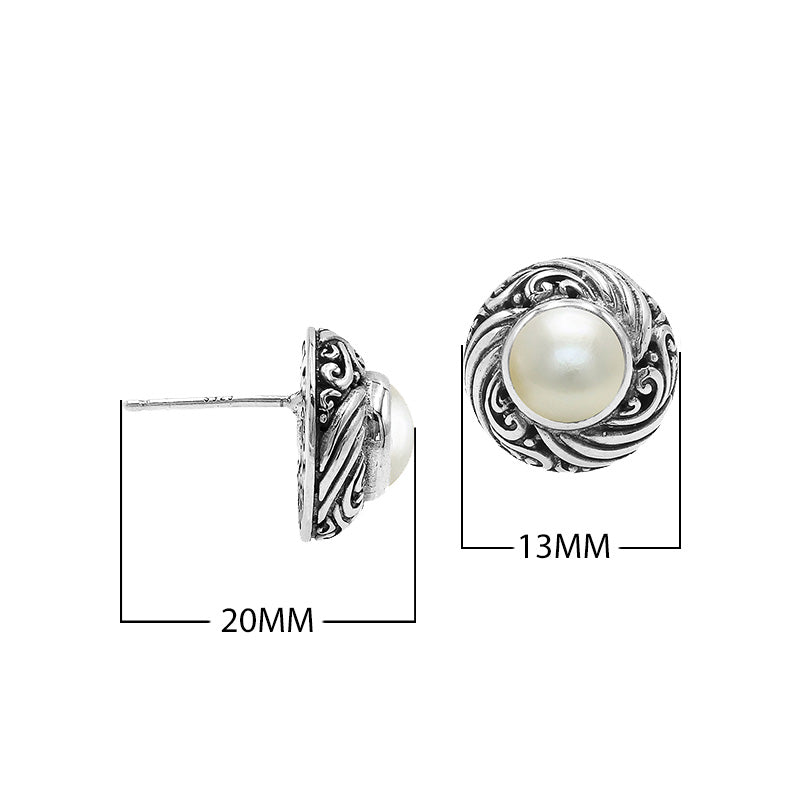 Wholesale Sterling Silver Bali Swirl Pearl Stud Earrings With Oxidized Detailing Handcrafted In Bali