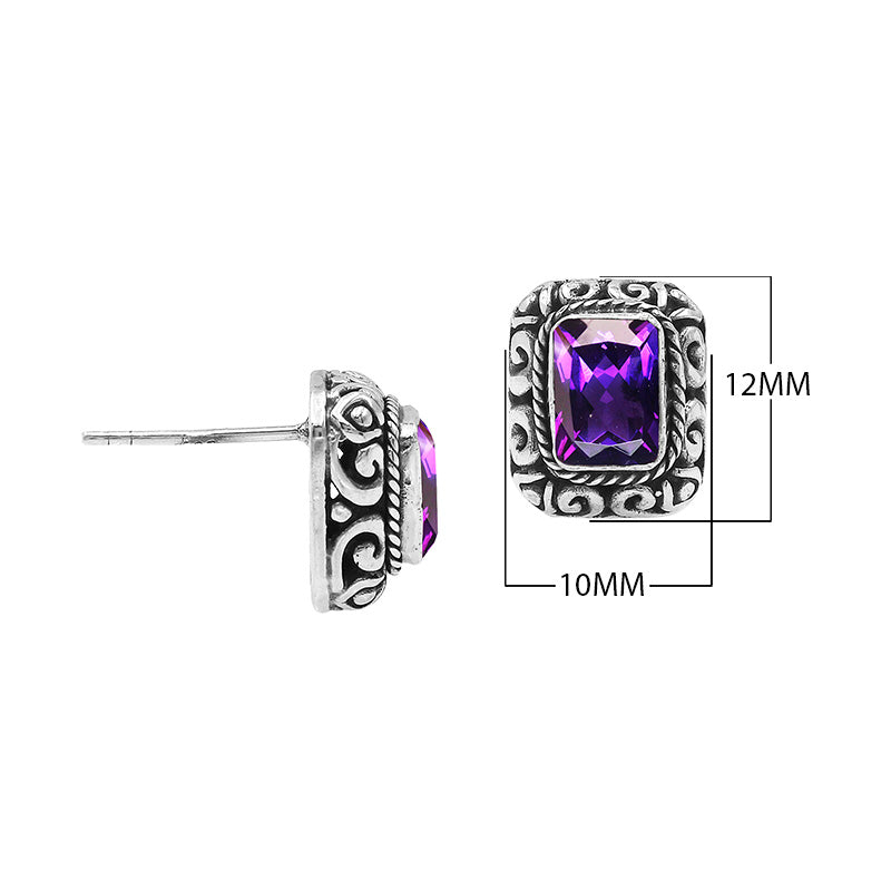 Wholesale Sterling Silver Rectangular Amethyst Quartz Stud Earrings With Bali Scroll Detailing Handcrafted In Bali