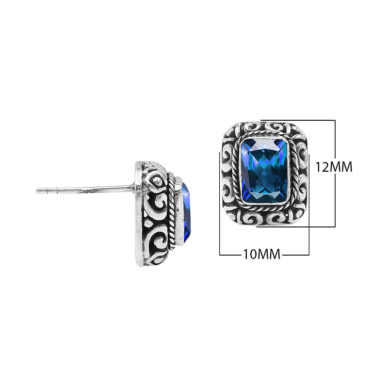 Wholesale Sterling Silver Rectangular Blue Topaz Quartz Stud Earrings With Bali Scroll Detailing Handcrafted In Bali