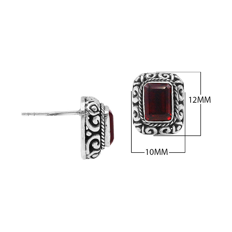 Wholesale Sterling Silver Rectangular Garnet Quartz Stud Earrings With Bali Scroll Frame Handcrafted In Bali
