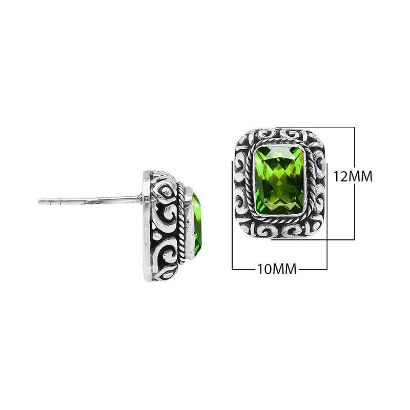 Wholesale Sterling Silver Rectangular Peridot Quartz Stud Earrings With Bali Scroll Detailing Handcrafted In Bali