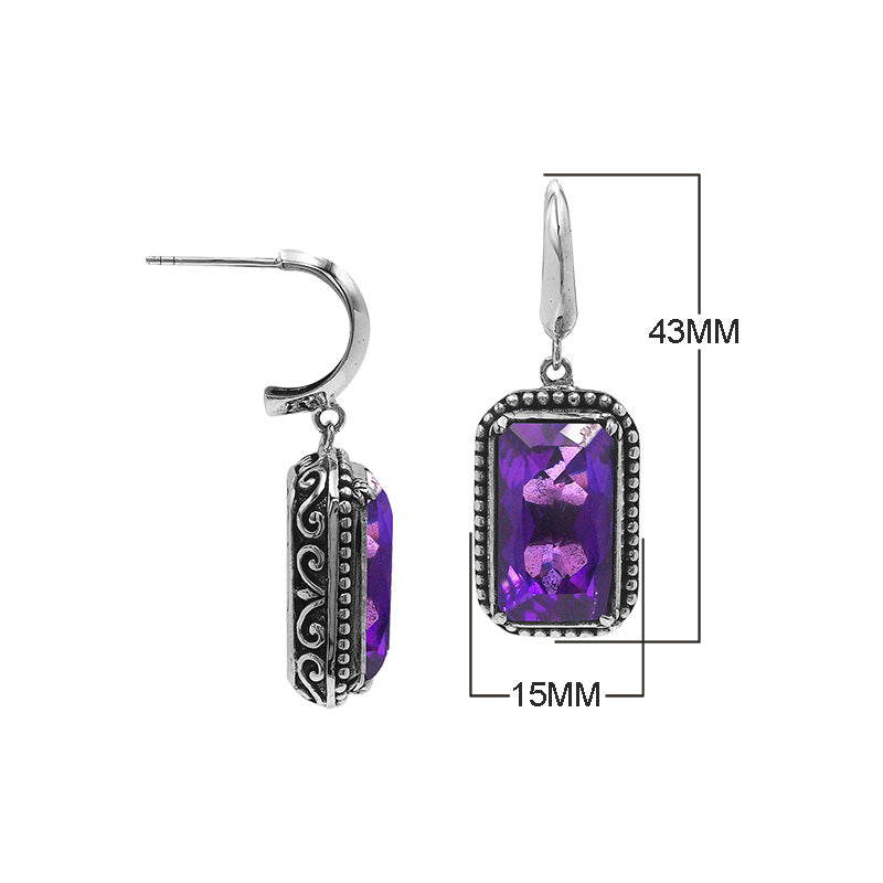Sterling Silver Amethyst Quartz Drop Earrings With Rope Bezel And Scroll Side Detailing