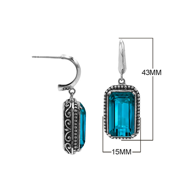 Sterling Silver London Blue Topaz Quartz Drop Earrings With Rope Bezel And Scroll Side Detailing