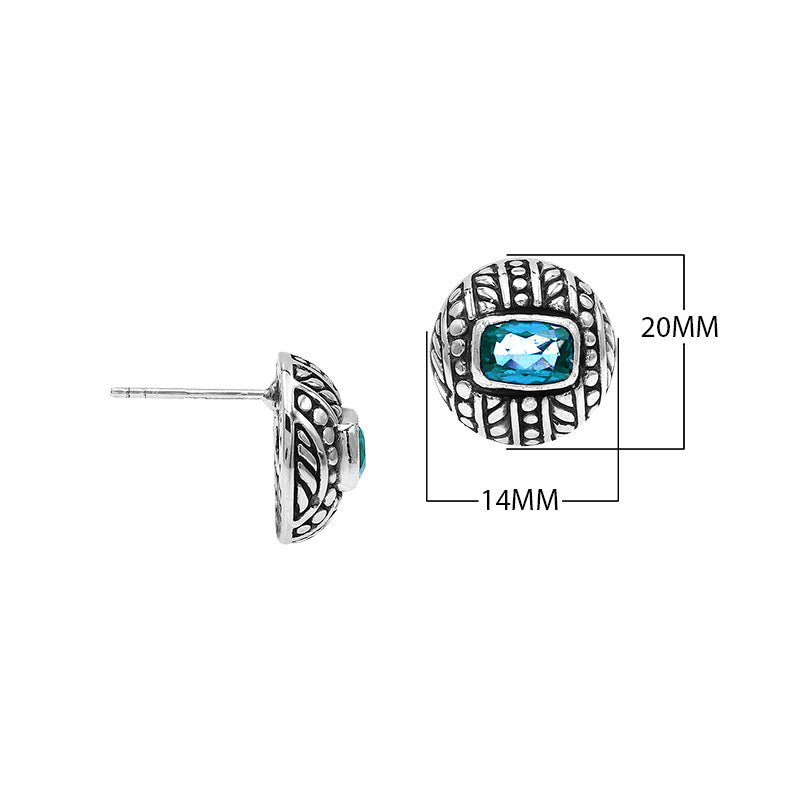 Sterling Silver Stud Earrings With Carved Dot-Stripe Details And Center Blue Topaz Quartz