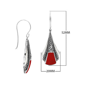 Sterling Silver Filigree Long Drop Earrings With Inlaid Red Coral