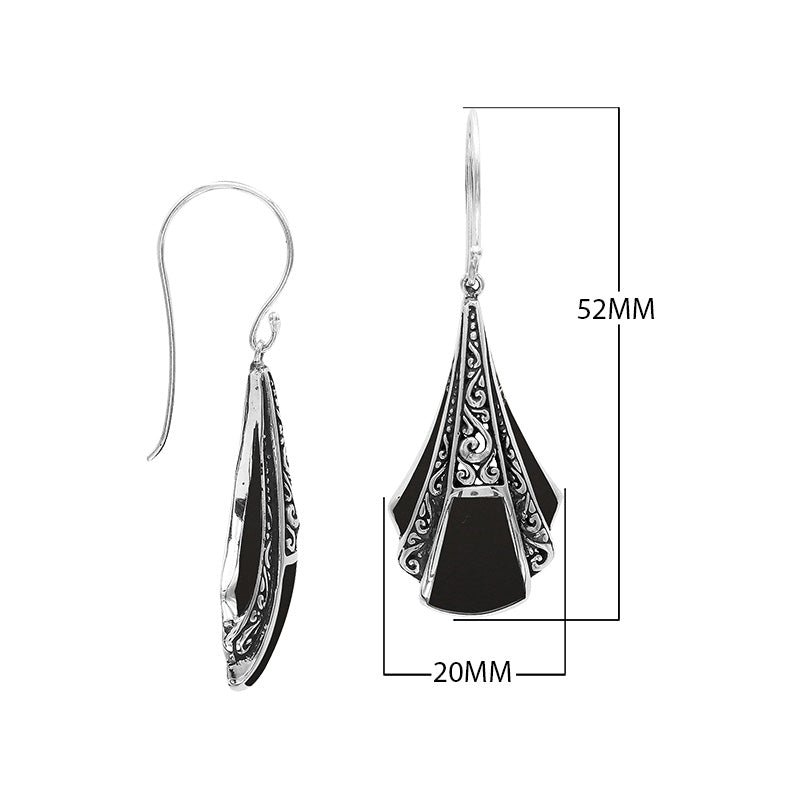 Sterling Silver Filigree Long Sculpted Drop Earrings Featuring Deep Black Onyx Inlay And Detailed Balinese Craftsmanship