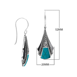 Sterling Silver Filigree Long Sculpted Drop Earrings Featuring Vibrant Turquoise Shell Inlay And Detailed Balinese Craftsmanship