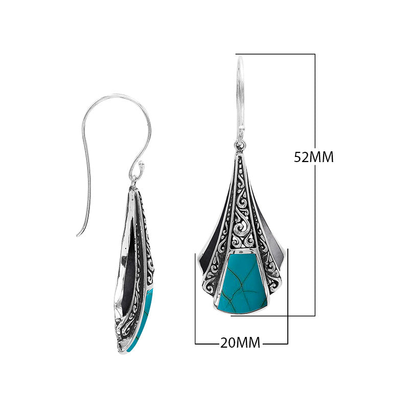 Sterling Silver Filigree Long Sculpted Drop Earrings Featuring Vibrant Turquoise Shell Inlay And Detailed Balinese Craftsmanship
