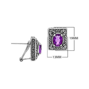 Sterling Silver Ornate Rectangular Carved Stud Earrings Featuring Vibrant Amethyst Quartz And Detailed Balinese Craftsmanship