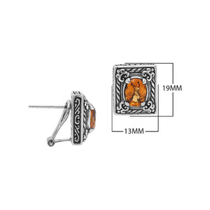 Sterling Silver Ornate Rectangular Carved Stud Earrings Featuring Warm Citrine Quartz And Detailed Balinese Craftsmanship