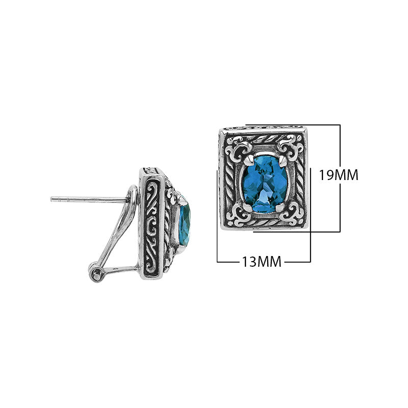 Sterling Silver Ornate Rectangular Carved Stud Earrings Featuring Vivid London Blue Topaz Quartz And Detailed Balinese Craftsmanship