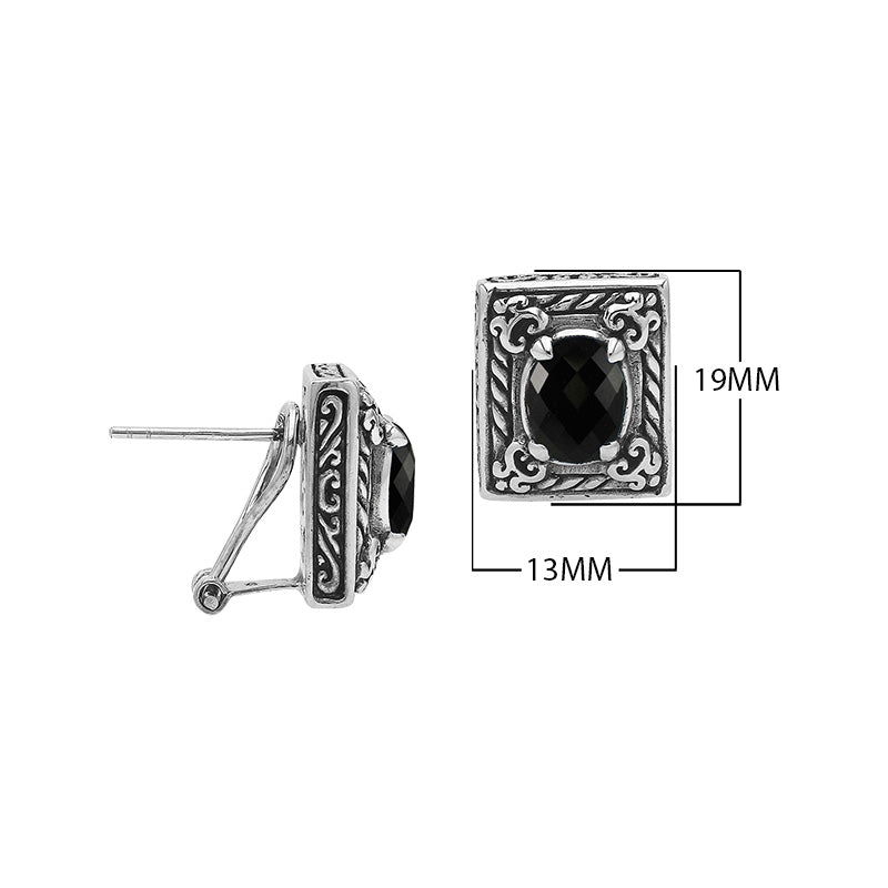 Sterling Silver Ornate Rectangular Carved Stud Earrings Featuring Deep Black Onyx And Detailed Balinese Craftsmanship