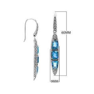 Sterling Silver Long Drop Earrings Featuring Triple Blue Topaz Quartz Stones With Balinese Chain Carved Detailing