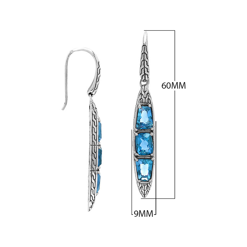 Sterling Silver Long Drop Earrings Featuring Triple Blue Topaz Quartz Stones With Balinese Chain Carved Detailing