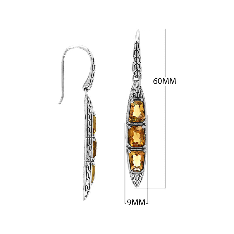 Sterling Silver Long Drop Earrings Featuring Triple Citrine Quartz Stones With Balinese Chain Carved Detailing