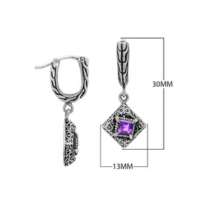 Sterling Silver Carved Diamond Drop Leverback Earrings Featuring Square-Cut Amethyst Quartz And Detailed Balinese Craftsmanship