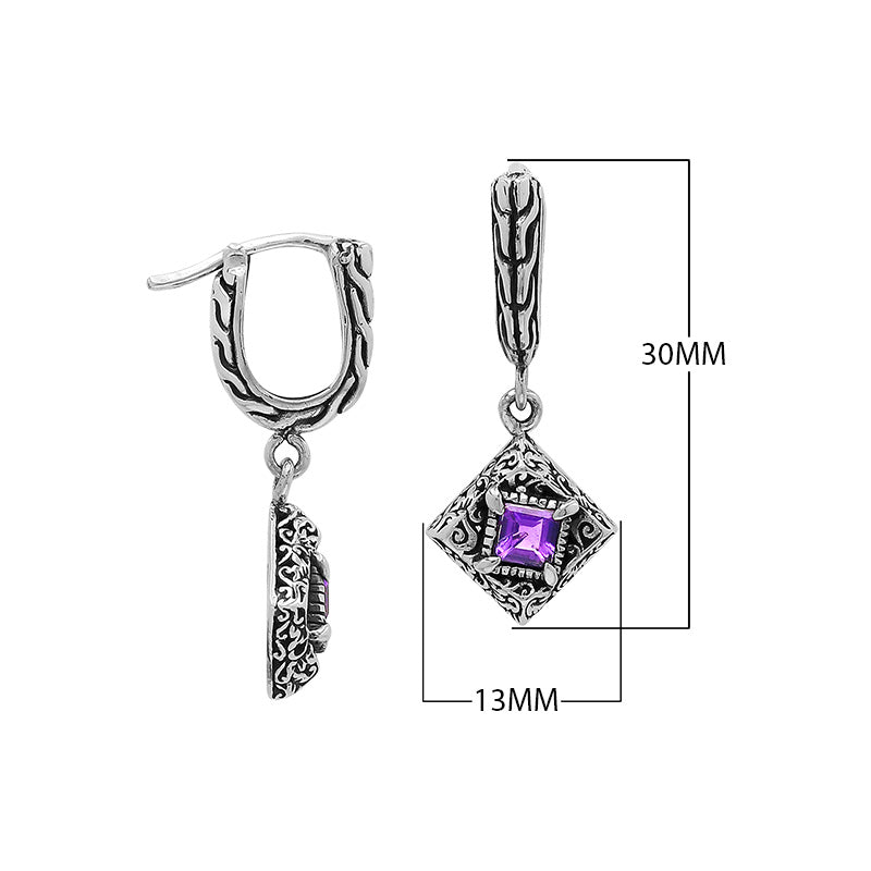 Sterling Silver Carved Diamond Drop Leverback Earrings Featuring Square-Cut Amethyst Quartz And Detailed Balinese Craftsmanship