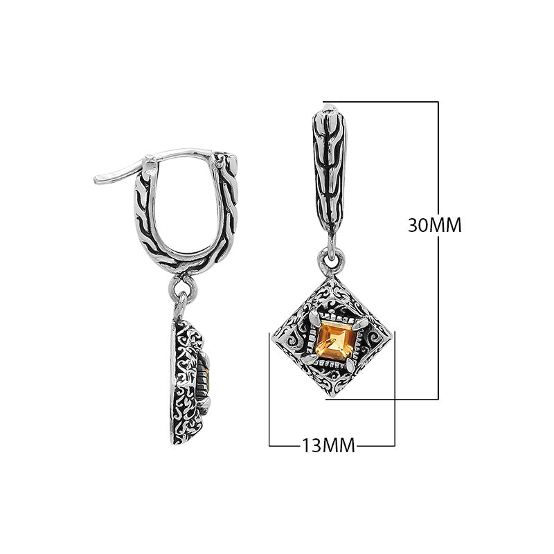 Sterling Silver Carved Diamond Drop Leverback Earrings Featuring Square-Cut Citrine Quartz And Detailed Balinese Craftsmanship