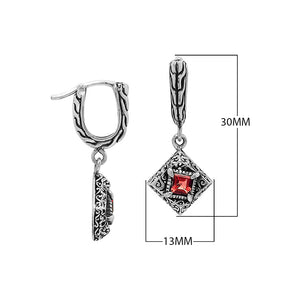 Sterling Silver Carved Diamond Drop Leverback Earrings Featuring Square-Cut Garnet Quartz And Detailed Balinese Craftsmanship