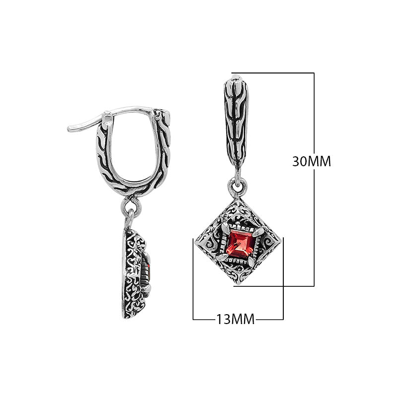 Sterling Silver Carved Diamond Drop Leverback Earrings Featuring Square-Cut Garnet Quartz And Detailed Balinese Craftsmanship