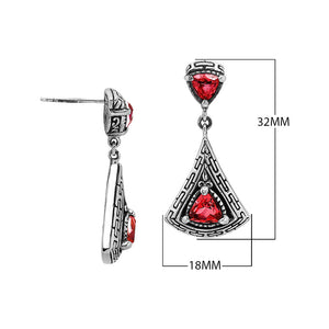 Sterling Silver Triangular Dangle Earrings Featuring Garnet Quartz And Intricate Balinese Maze Carved Detailing