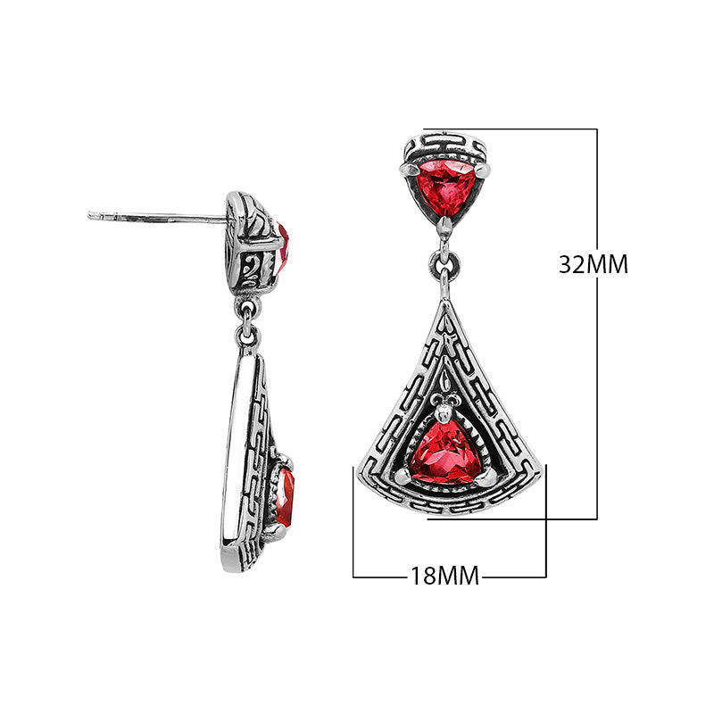 Sterling Silver Triangular Dangle Earrings Featuring Garnet Quartz And Intricate Balinese Maze Carved Detailing