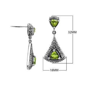Sterling Silver Triangular Dangle Earrings Featuring Peridot Quartz With Intricate Balinese Maze Carved Detailing