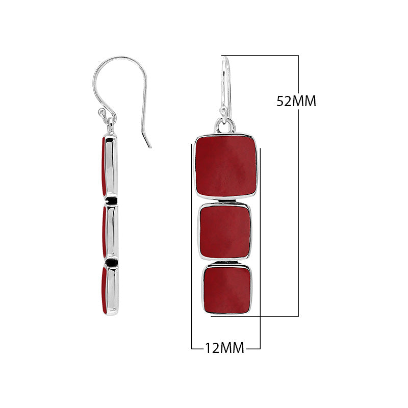 Wholesale Sterling Silver Earrings With Three Cushion Red Coral Panels In A Vertical Drop