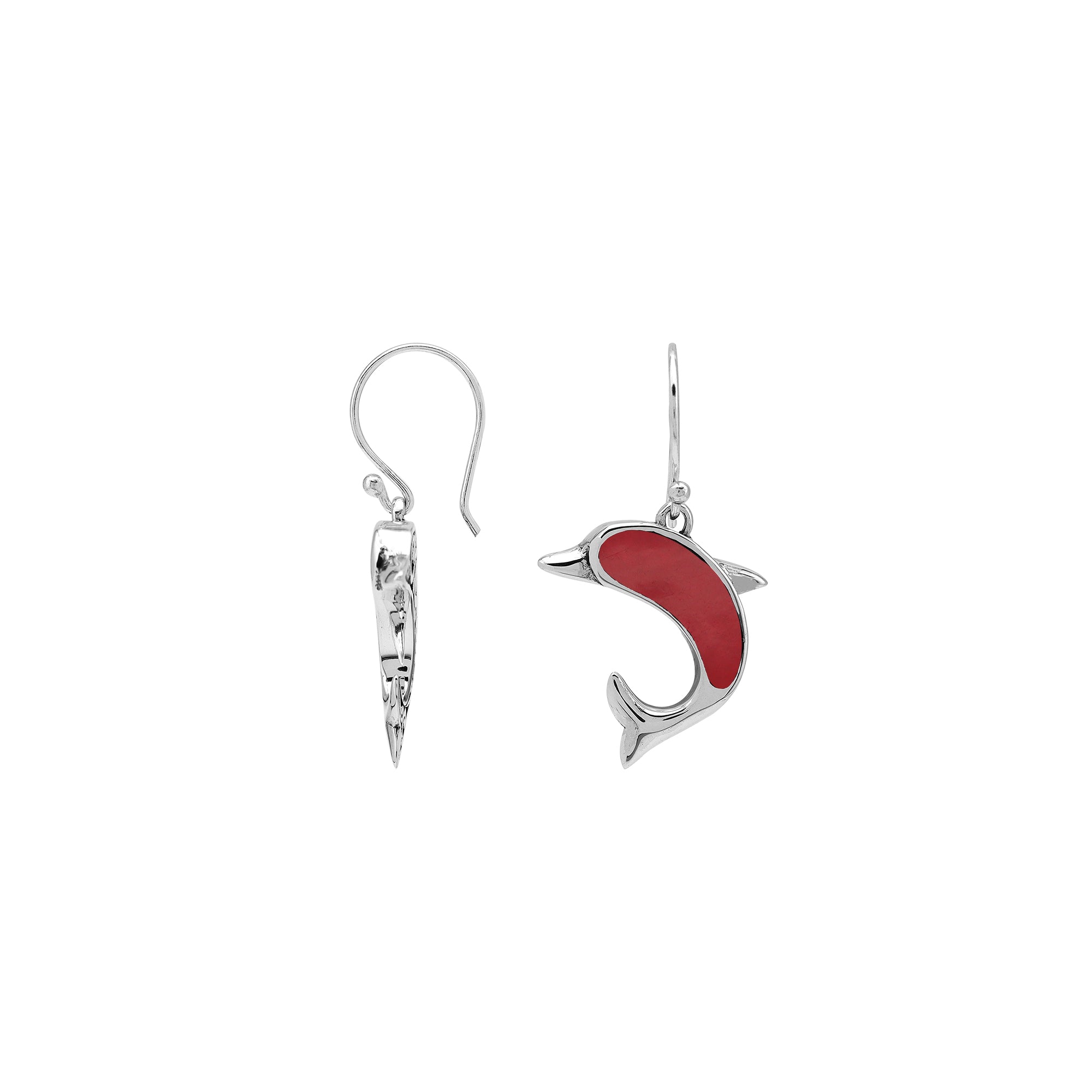 Wholesale Sterling Silver Dolphin Earrings With Red Coral Inlay