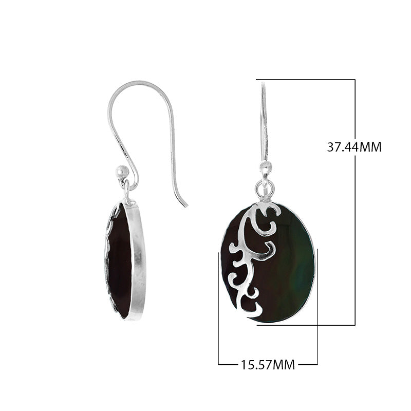 Wholesale sterling silver earrings featuring oval black shell drops with polished wave-motif overlay, crafted to deliver consistent artisan quality and elegant catalog-ready visual appeal for bulk jewelry buyers.