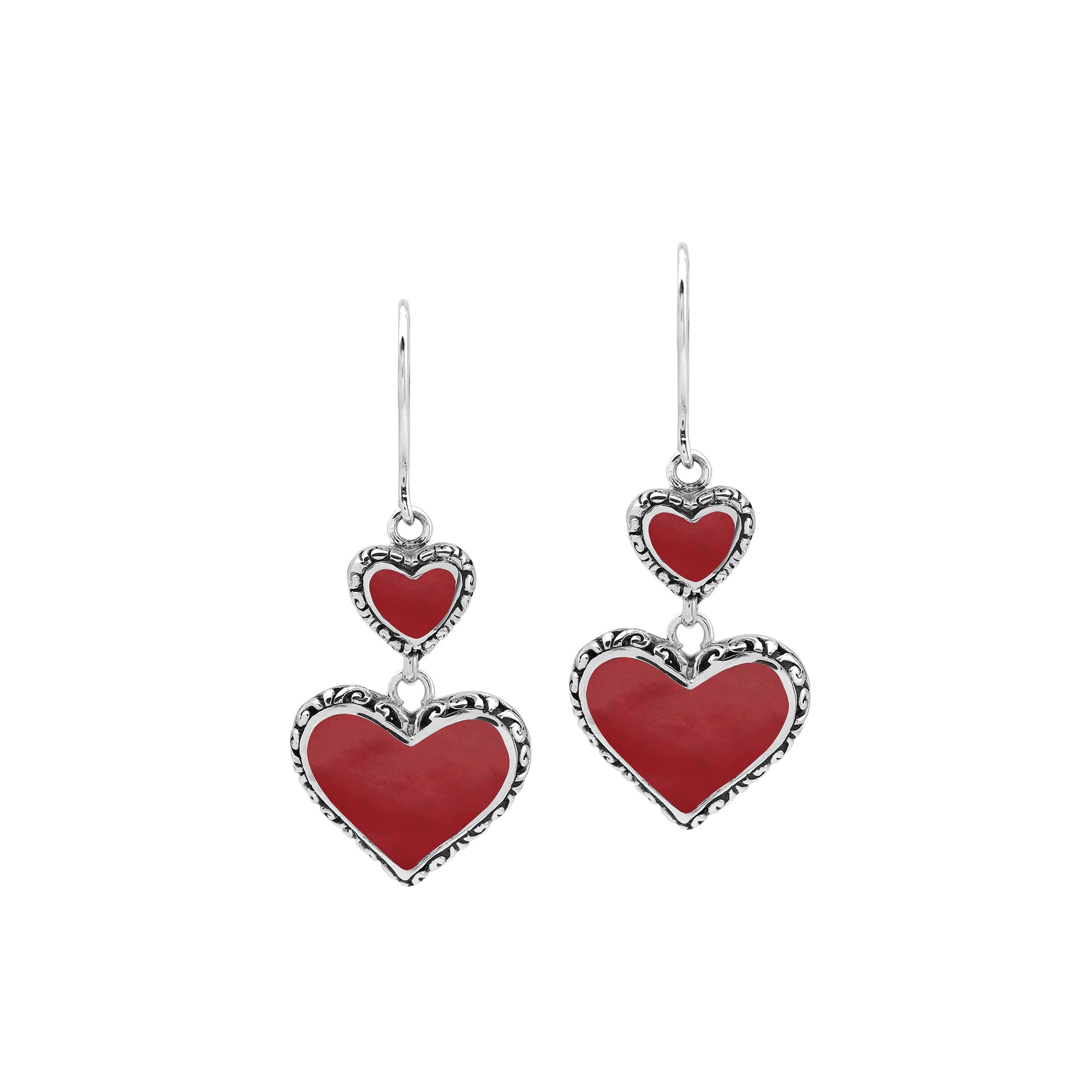Wholesale sterling silver earrings featuring double red coral heart drops with ornate borders, crafted to deliver consistent artisan quality and strong catalog-ready appeal for bulk jewelry purchasers.