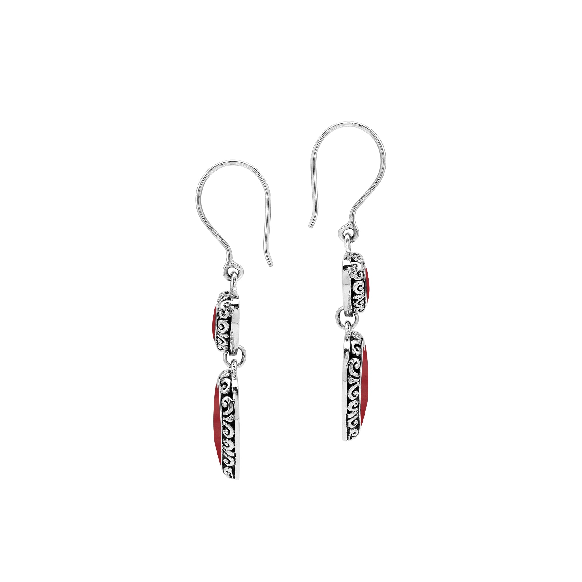 Wholesale sterling silver earrings featuring double red coral heart drops with ornate borders, crafted to deliver consistent artisan quality and strong catalog-ready appeal for bulk jewelry purchasers.
