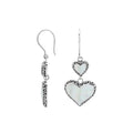 Wholesale sterling silver earrings featuring double mother of pearl heart drops with ornate decorative borders, crafted to deliver consistent artisan quality and elegant catalog-ready presentation for bulk jewelry buyers.