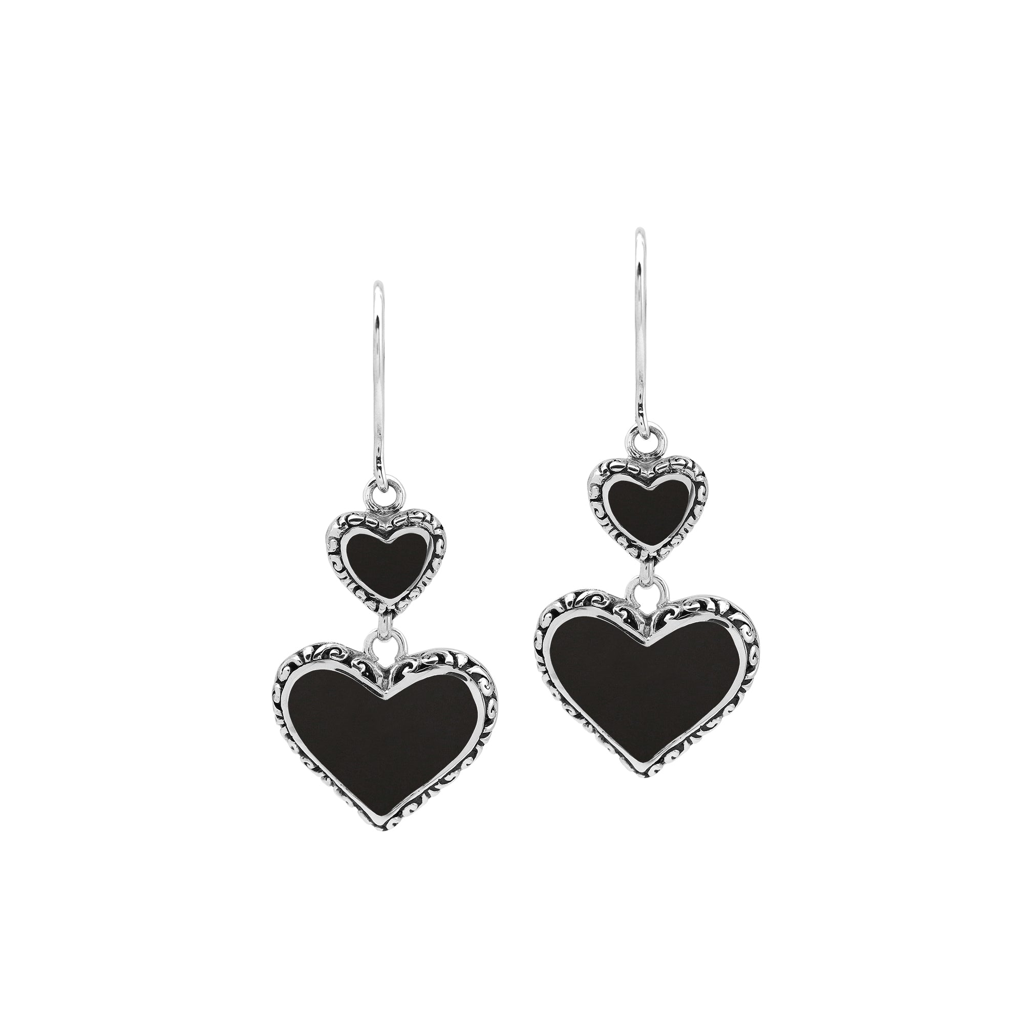 Wholesale sterling silver earrings featuring double black shell heart drops with ornate decorative borders, crafted to provide consistent artisan quality and elegant catalog-ready appeal for bulk jewelry sourcing.