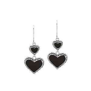 Wholesale sterling silver earrings featuring double black shell heart drops with ornate decorative borders, crafted to provide consistent artisan quality and elegant catalog-ready appeal for bulk jewelry sourcing.