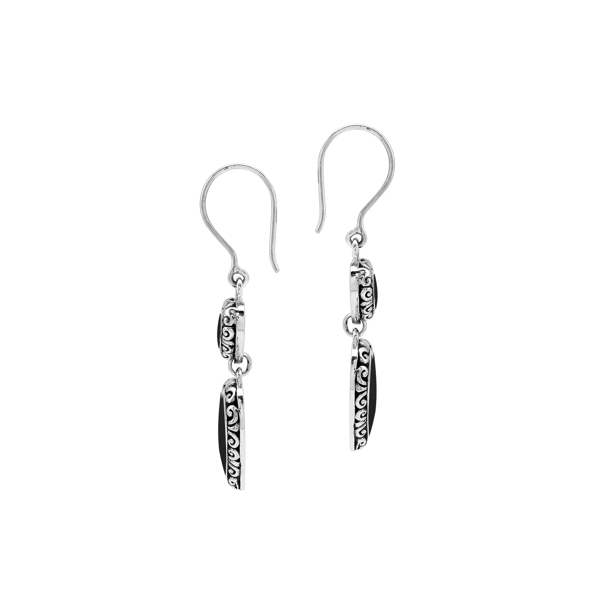 Wholesale sterling silver earrings featuring double black shell heart drops with ornate decorative borders, crafted to provide consistent artisan quality and elegant catalog-ready appeal for bulk jewelry sourcing.