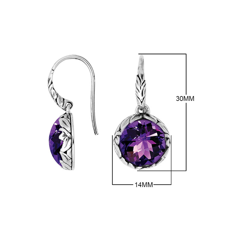 Sterling silver round drop earrings with Amethyst Quartz and ornate oxidized silver detailing for wholesale collections.