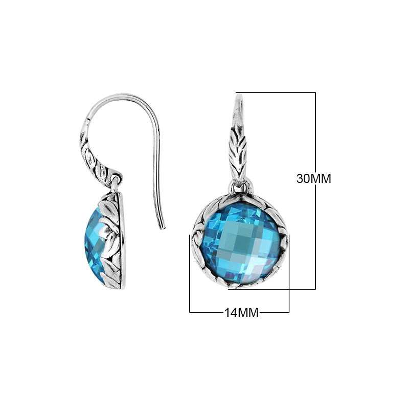 Sterling silver round drop earrings with Blue Topaz Quartz and ornate oxidized silver detailing for wholesale collections.