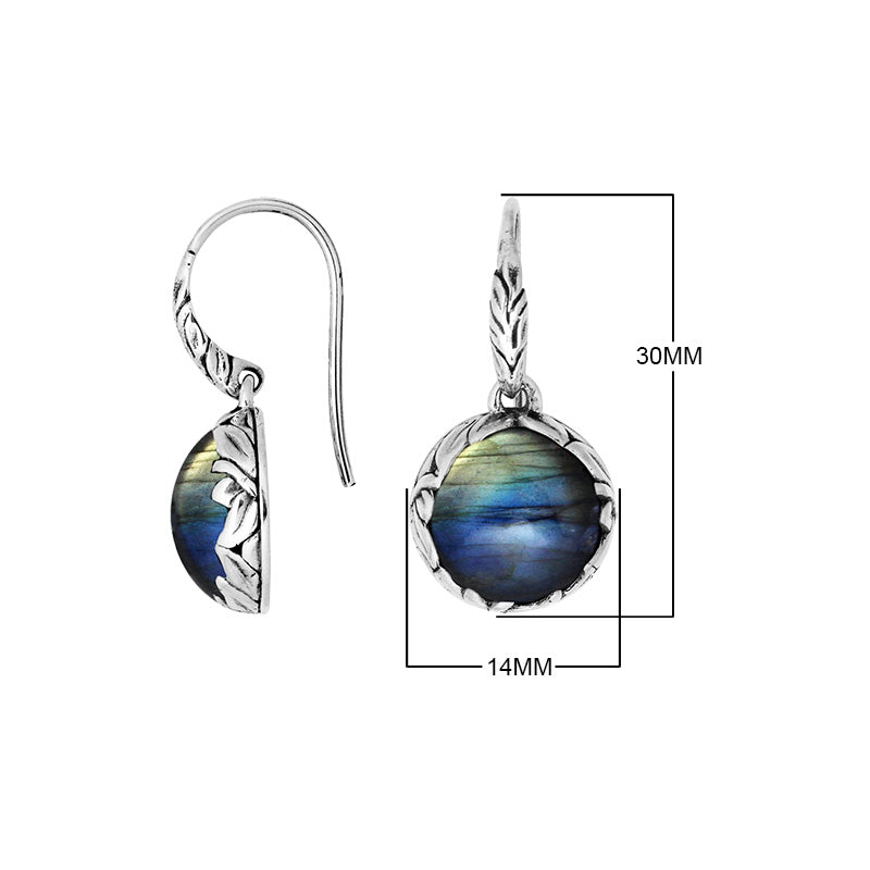 Sterling silver round drop earrings with Labradorite and ornate oxidized silver detailing for wholesale collections.