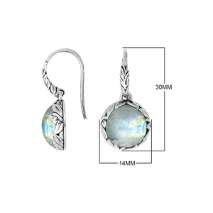 Sterling silver round drop earrings with Rainbow Moonstone and ornate oxidized silver detailing for wholesale collections.