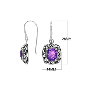 Sterling Silver Cushion Amethyst Quartz Earrings With Ornate Scroll Frame Handcrafted In Bali