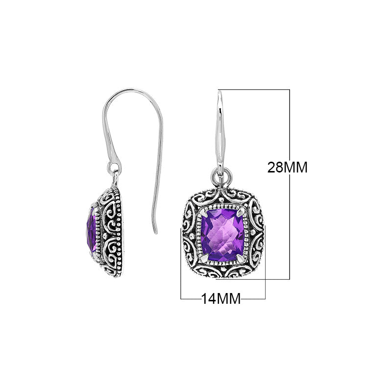 Sterling Silver Cushion Amethyst Quartz Earrings With Ornate Scroll Frame Handcrafted In Bali