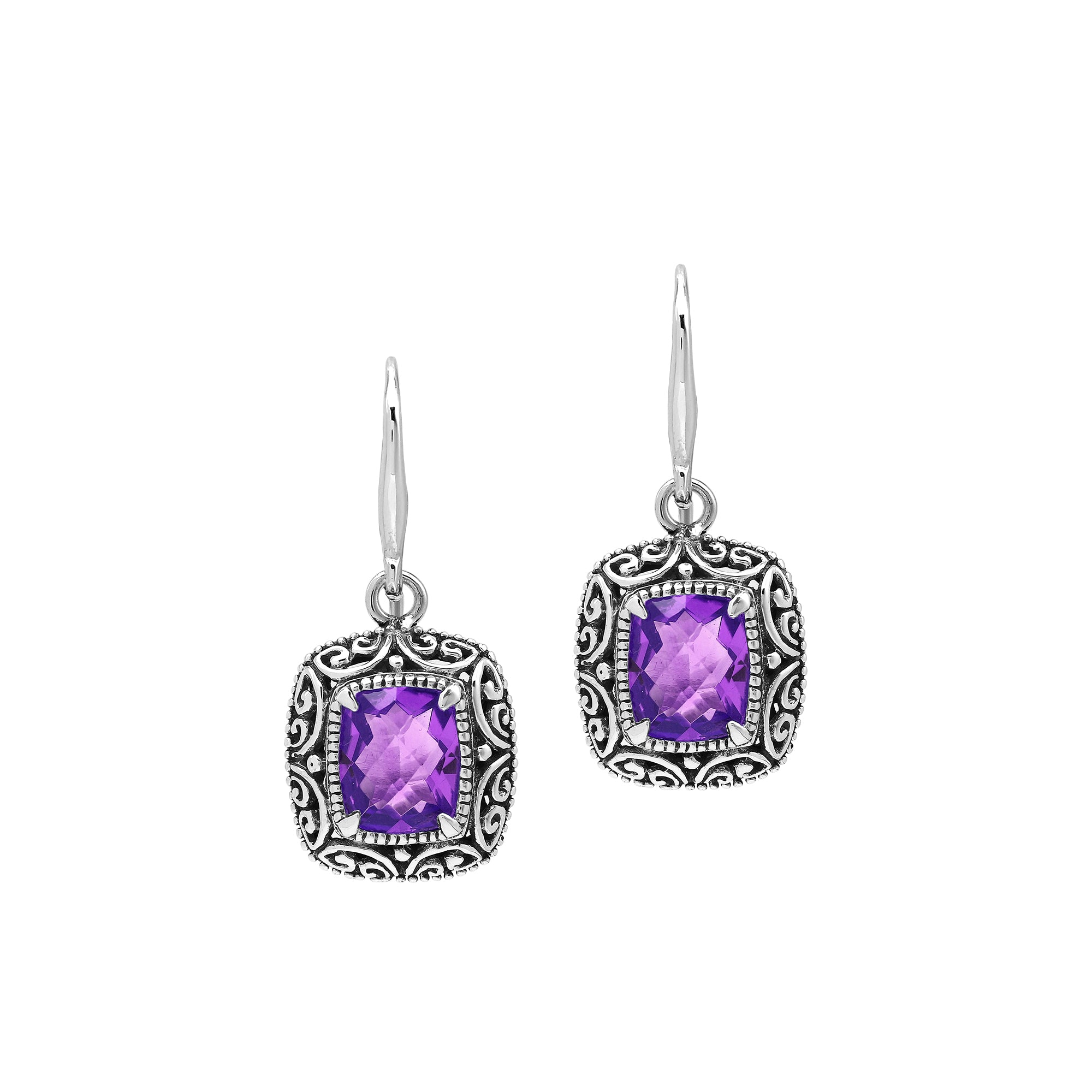 Sterling Silver Cushion Amethyst Quartz Earrings With Ornate Scroll Frame Handcrafted In Bali