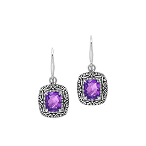Sterling Silver Cushion Amethyst Quartz Earrings With Ornate Scroll Frame Handcrafted In Bali