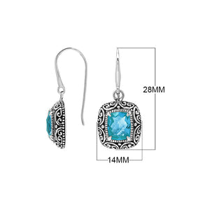 Sterling Silver Cushion Blue Topaz Quartz Earrings With Ornate Scroll Frame Handcrafted In Bali