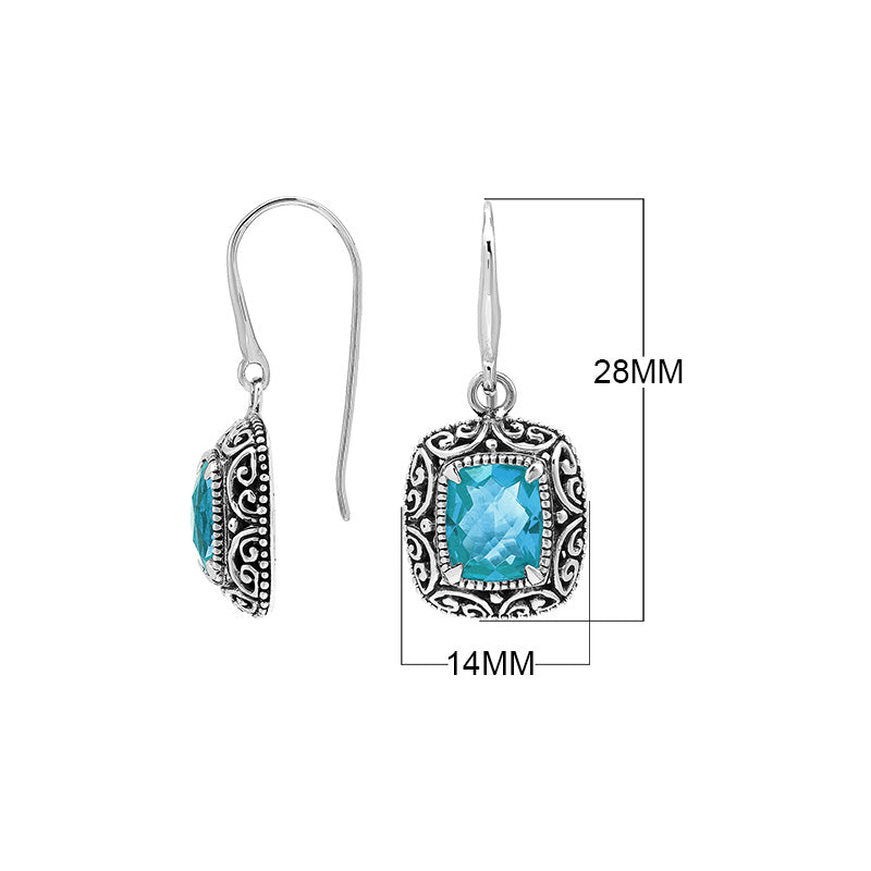 Sterling Silver Cushion Blue Topaz Quartz Earrings With Ornate Scroll Frame Handcrafted In Bali