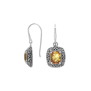 Sterling Silver Cushion Citrine Quartz Earrings With Ornate Scroll Frame Handcrafted In Bali